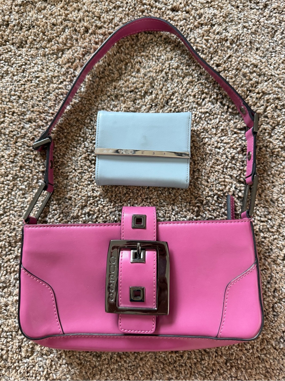 GUESS Vintage Bright Pink Shoulder Bag with Large Buckle & Vtg Light Blue Wallet